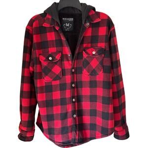 Mens Small Oversized Hooded Fleece Lined Gingham Plaid Button Up Shirt Jacket